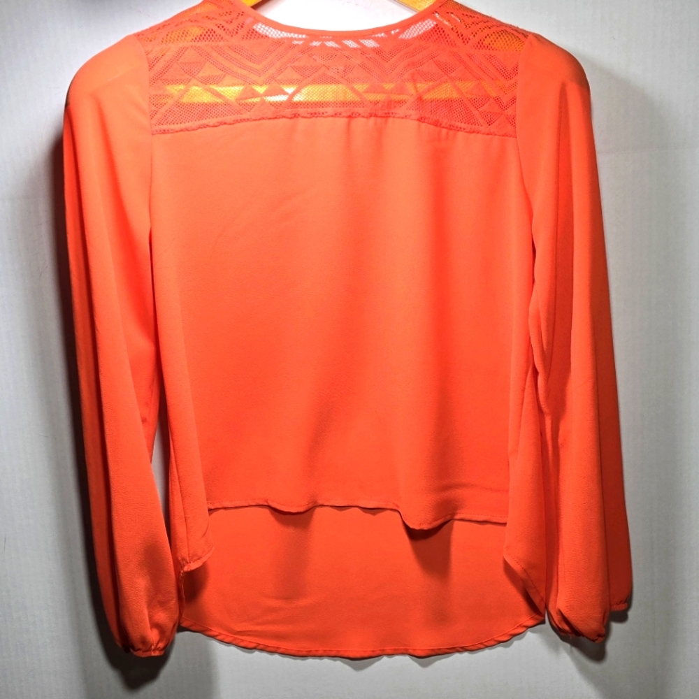 Lily Star size Small Orange Sheer Blouse With Southwestern Crochet